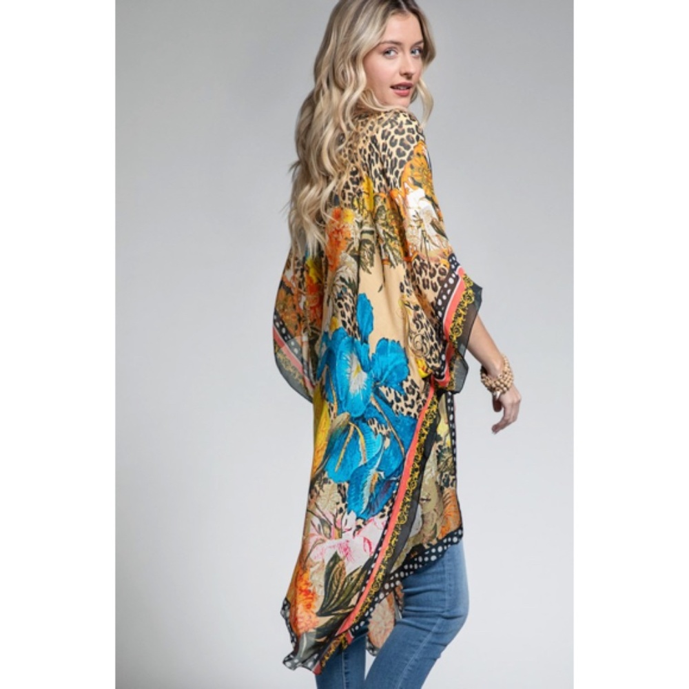 SOLD OUT Milan Colorful Leopard Animal Print & Floral Border Kimono Wrap Coverup - Picture 14 of 15